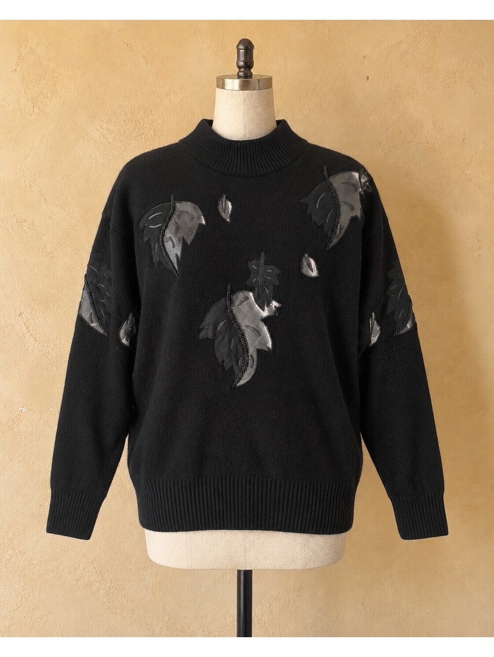 I.B. Diffusion Black Beaded Leaf Mock Neck Sweater M